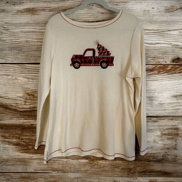 Quacker‎ Factory Ivory Waffle Knit Holiday Truck Long Sleeve Knit Top Large - Picture 1 of 8